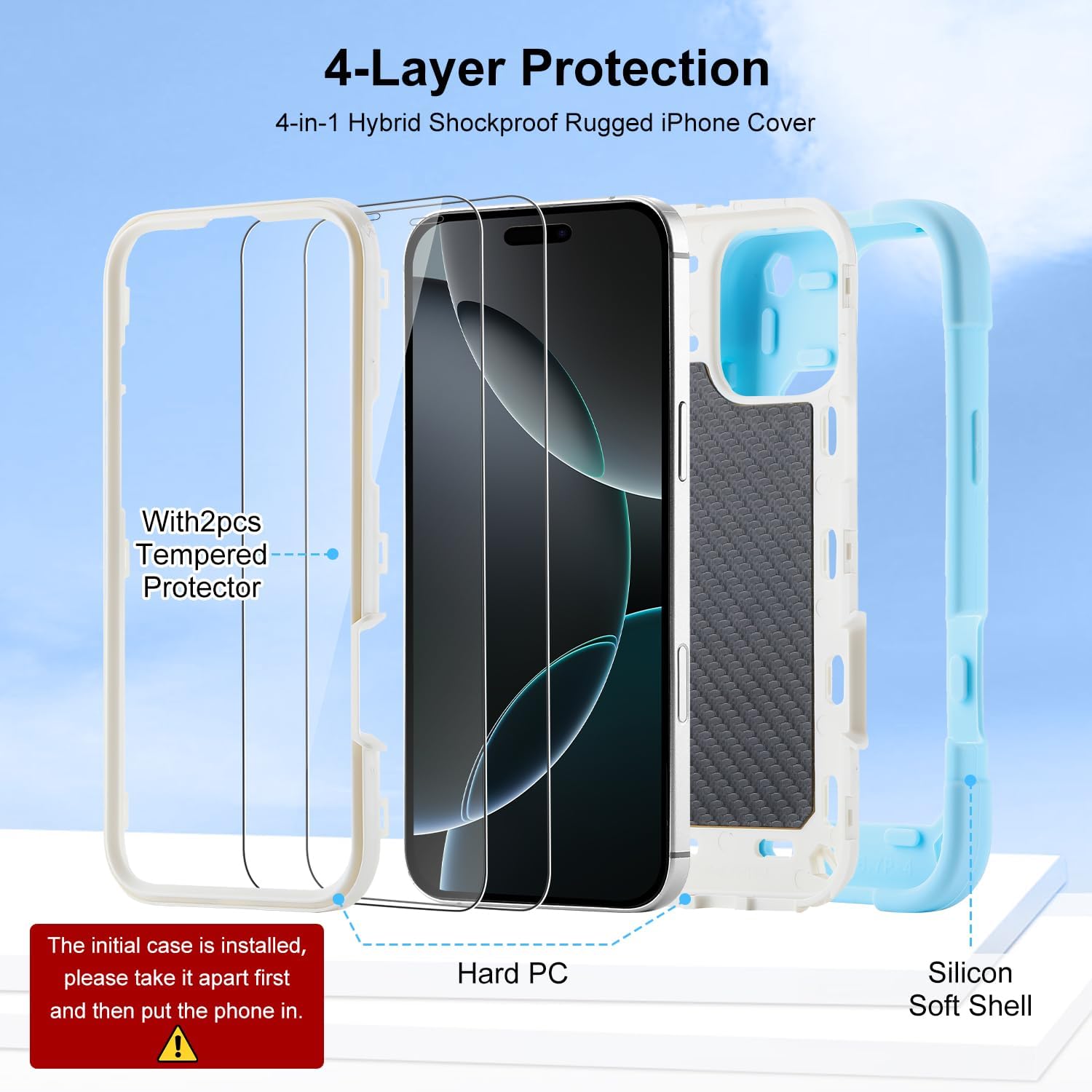 for iPhone 16 Pro 6.3 inch Case - Heavy Duty Shock Resistant Military Grade Rugged Case with Ring Stand, Glass Screen Protector and Camera Lens Protector (Ice Blue)
