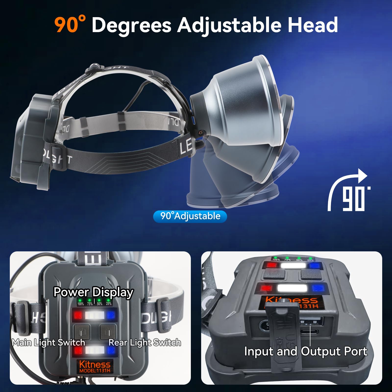 Superhelle wiederaufladbare LED-Stirnlampe, 6 einstellbare Lichtmodi, wasserdichter Scheinwerfer, Konstantstromfunktion, leichtes Design mit gelben und blauen Gläsern, perfekt für Camping, Wandern