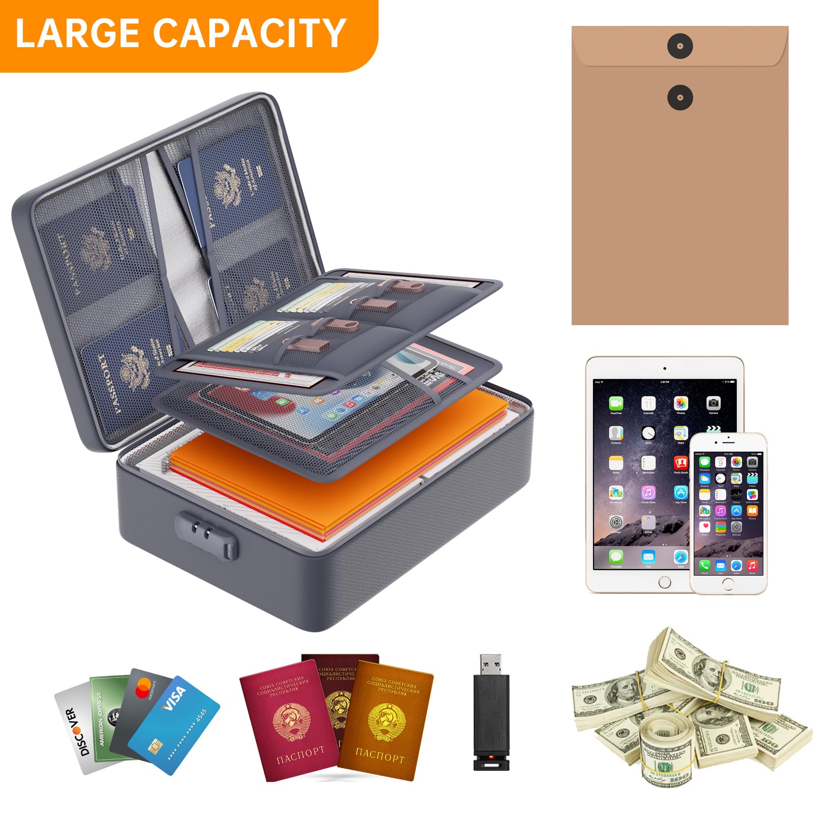 DocSafe Dokumenten-Organizer mit Schloss, verbesserte hitzebeständige (2871 °C) feuerfeste und wasserdichte Box, 8-lagiger Datei-Organizer, tragbare Aufbewahrung für Zuhause und Reisen, Grau (Weich)