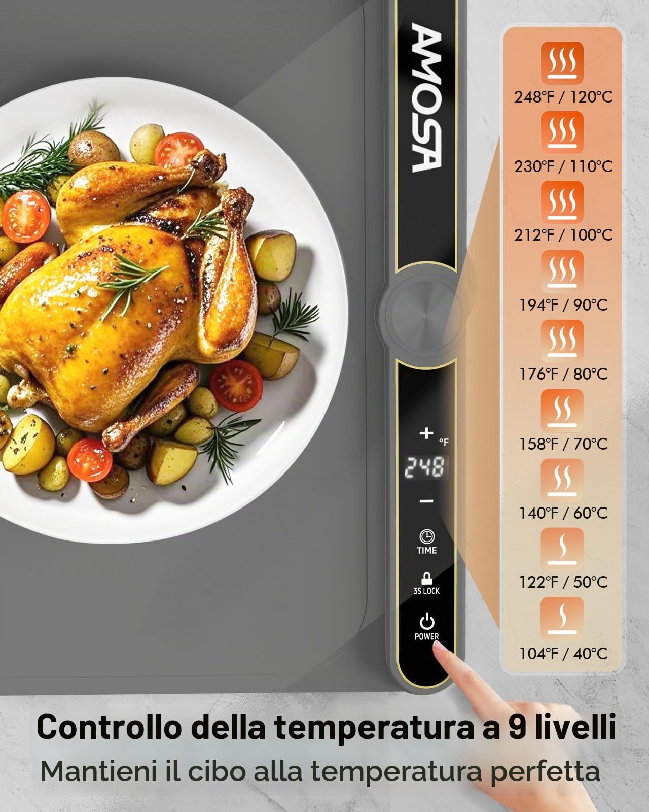 AMOSA Vassoio Riscaldante Elettrico per Cibi, Tappetino Riscaldante in Silicone Extra Large Portatile con 9 Livelli di Temperatura e Timer 6 Ore, Scaldavivande Portatile per Buffet e Feste (Grigio)