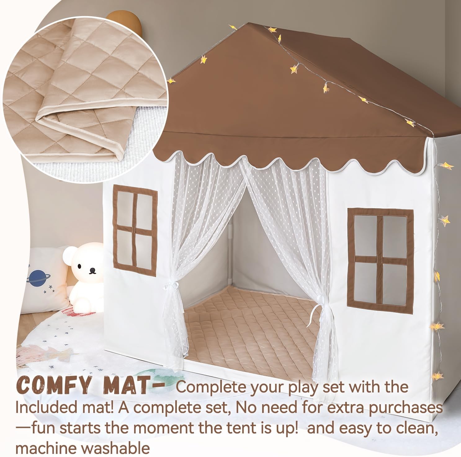 Kids Play Tent with Mat, Large Playhouse Play Tent Indoor for Girls Boys, Kids Tent Toys for Toddlers Children Play House for Birthday Toy House Gift (Brown)