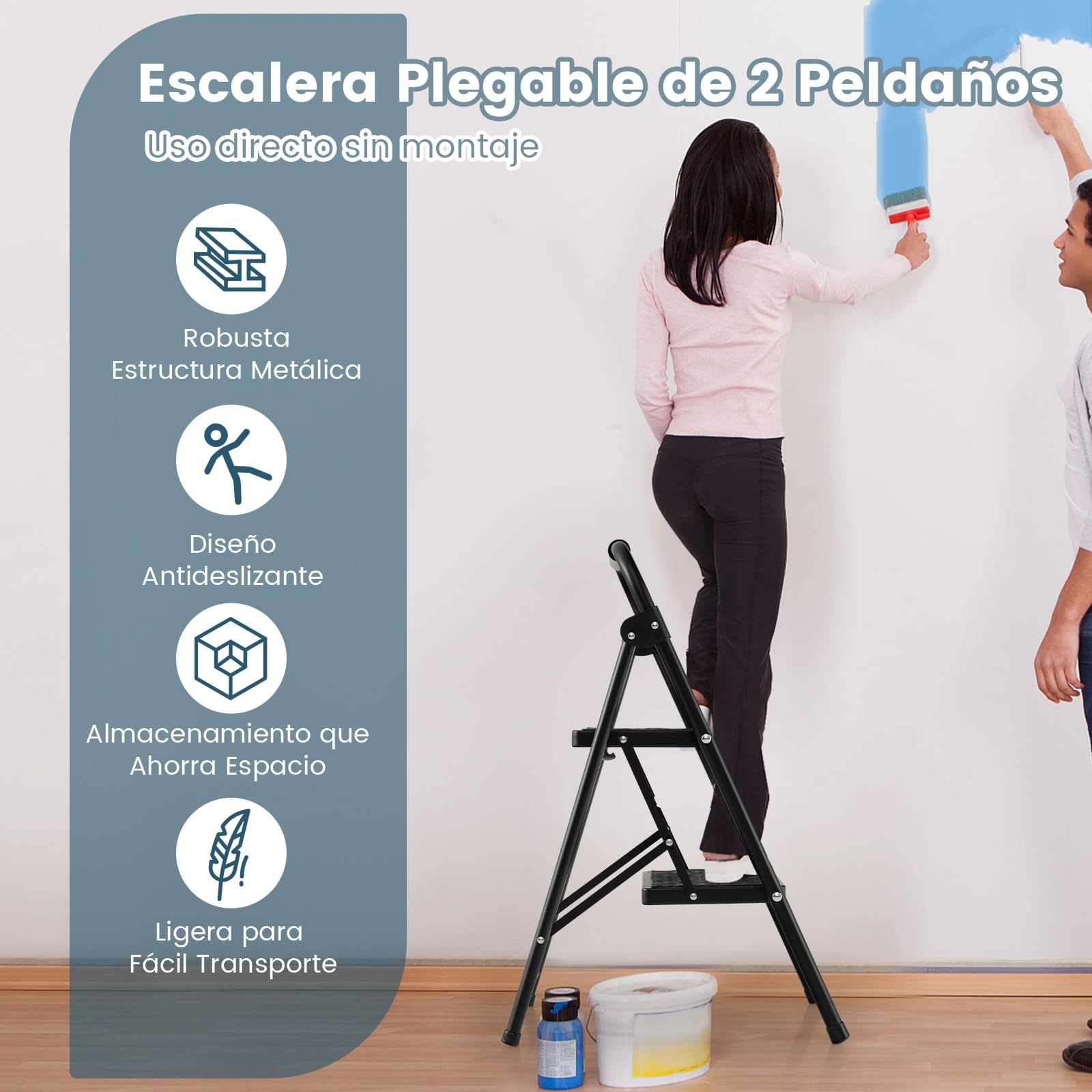 COSTWAY Escalera Plegable de 2 Peldaños, Taburete Plegable con Manija Acolchada y Escalones Antideslizantes, Escalera de Metal Portátil, para Cocina, Hogar, Almacén