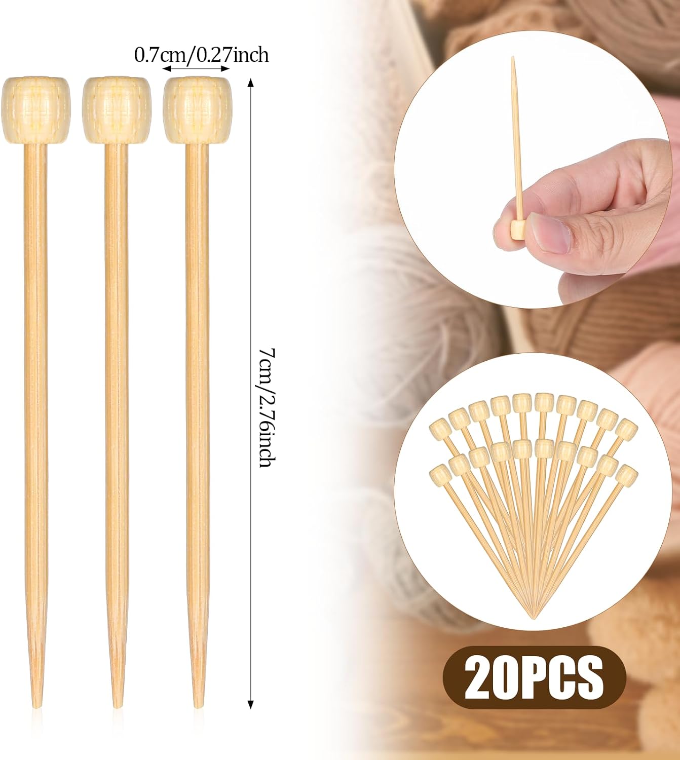 20 Piece Bamboo Knitting Needles 2.75 Inch Bamboo Crochet Marking Pins Single Point Straight Wood Needles Mini Pins Knitting Accessories for Beginners DIY Craft Knittings Crochet Supplies