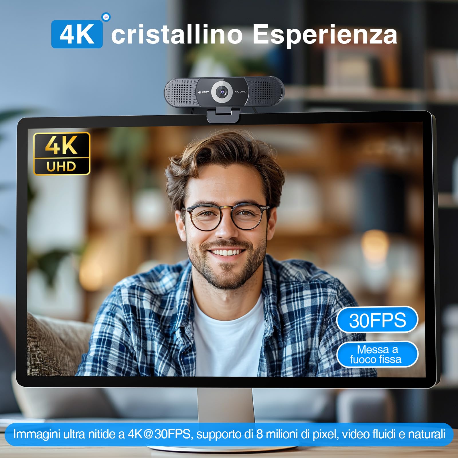EMEET Webcam 4K 3 in 1, Webcam C980 PRO 4K con 4 Microfoni con Cancellazione del Rumore e 2 Altoparlanti, Grandangolo 60°-98°, Web Cam Ideale per Videochiamate di Gruppo e Individuali
