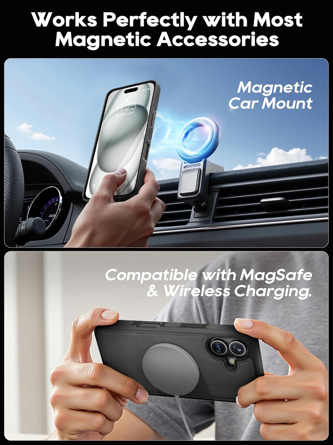 Compatible with iPhone 16 Wallet Case with Card Holder, 2 in 1 Magnetic Detachable & Wireless Charging Support, PU Leather Flip Phone Cover with RFID Blocking (Black)