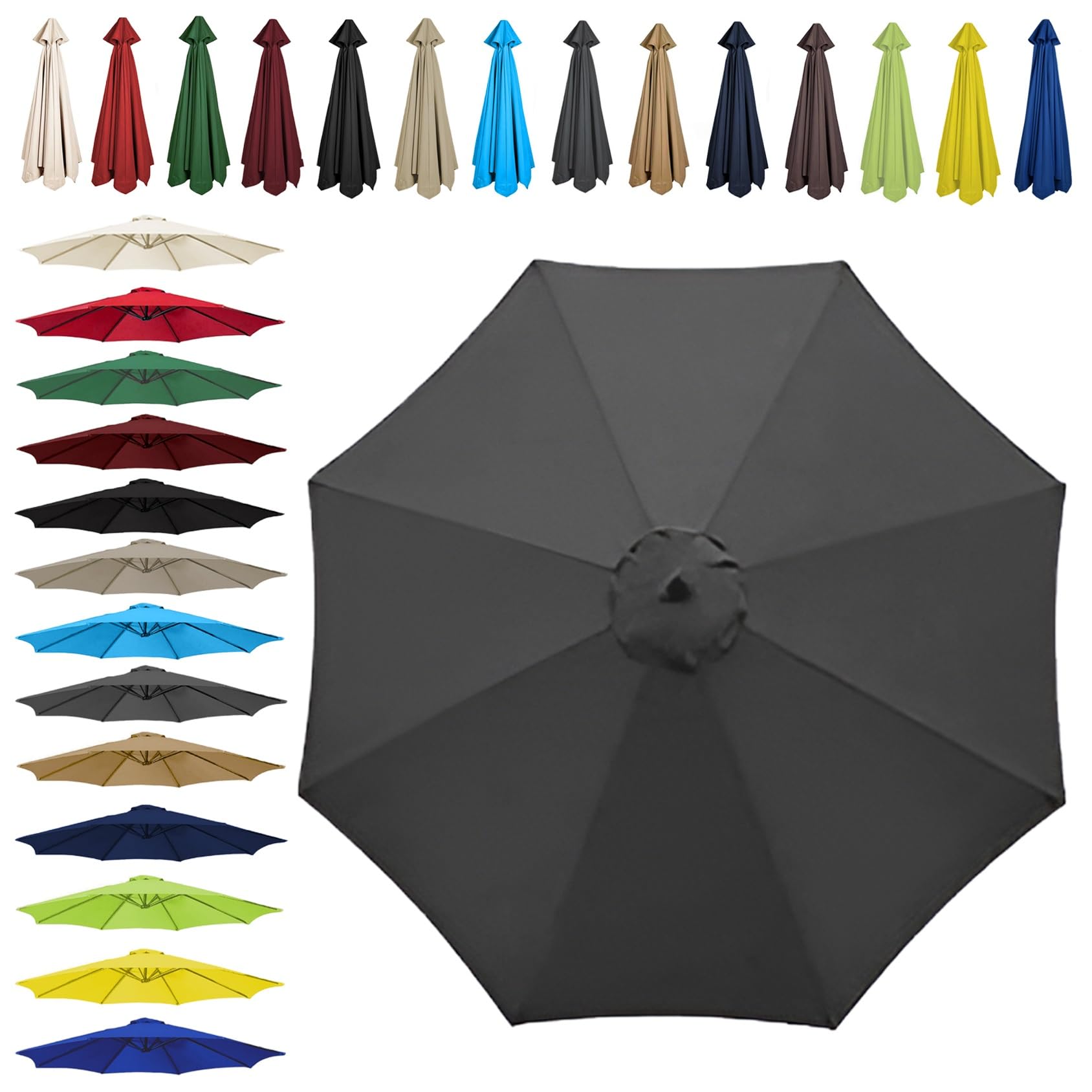 Sun Umbrella Replacement Cloth - 200cm | 2.7m | 300cm (6.5'/8.8'/9.8') - Umbrella Replacement Canopy For 6 Arms/8 Arms, Waterproof UV Protective Polyester Cloth(Color:Gray,Size:8 ribs-3m(9.8ft))