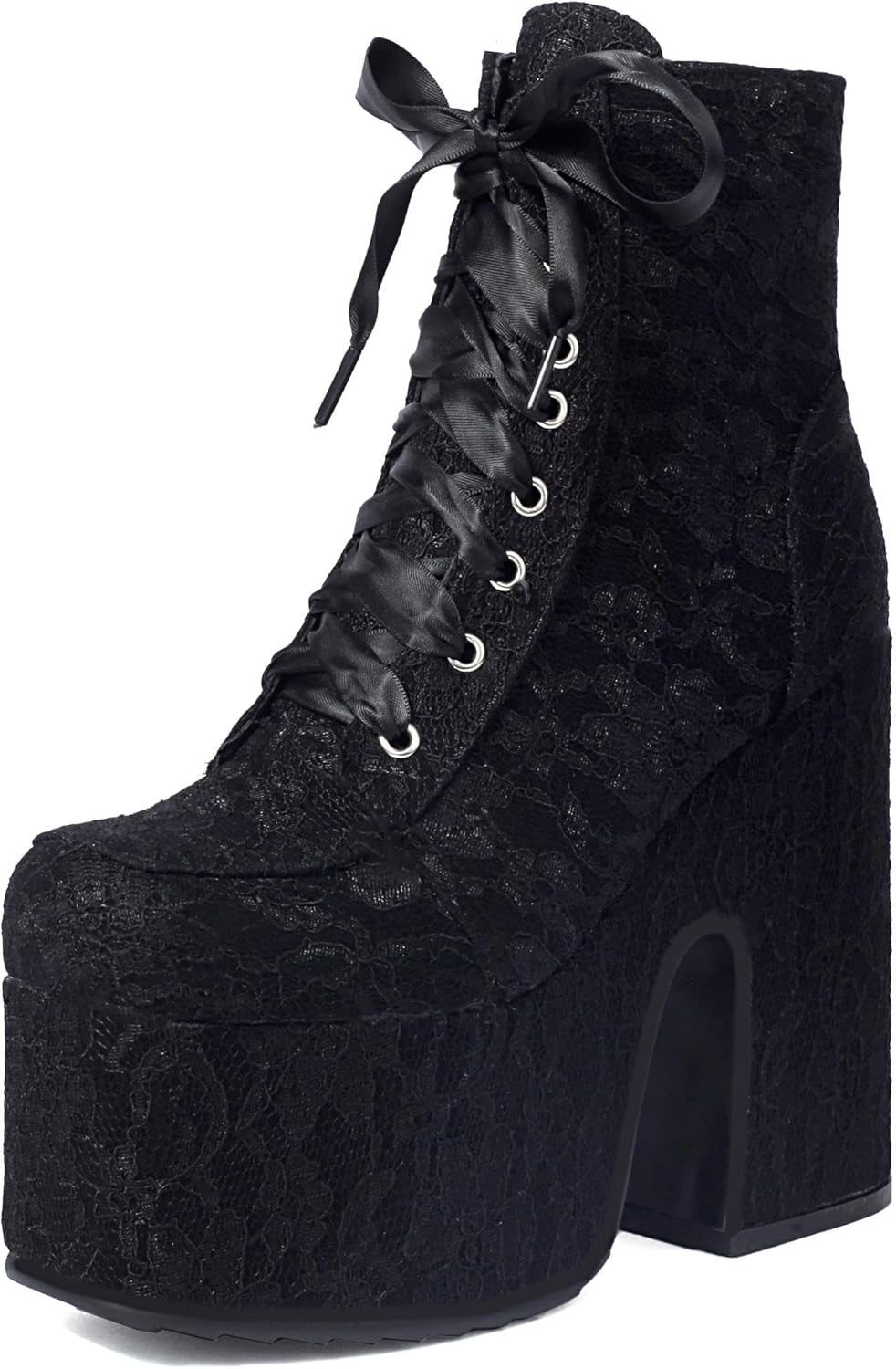 Shinelly Platform Boots for Women Goth Rave Boots Chunky Block High Heel Round Toe Combat Ankle GOGO Boot Lace Up Side Zip Lace Flower Punk Prom Costume Gothic Booties for Concert