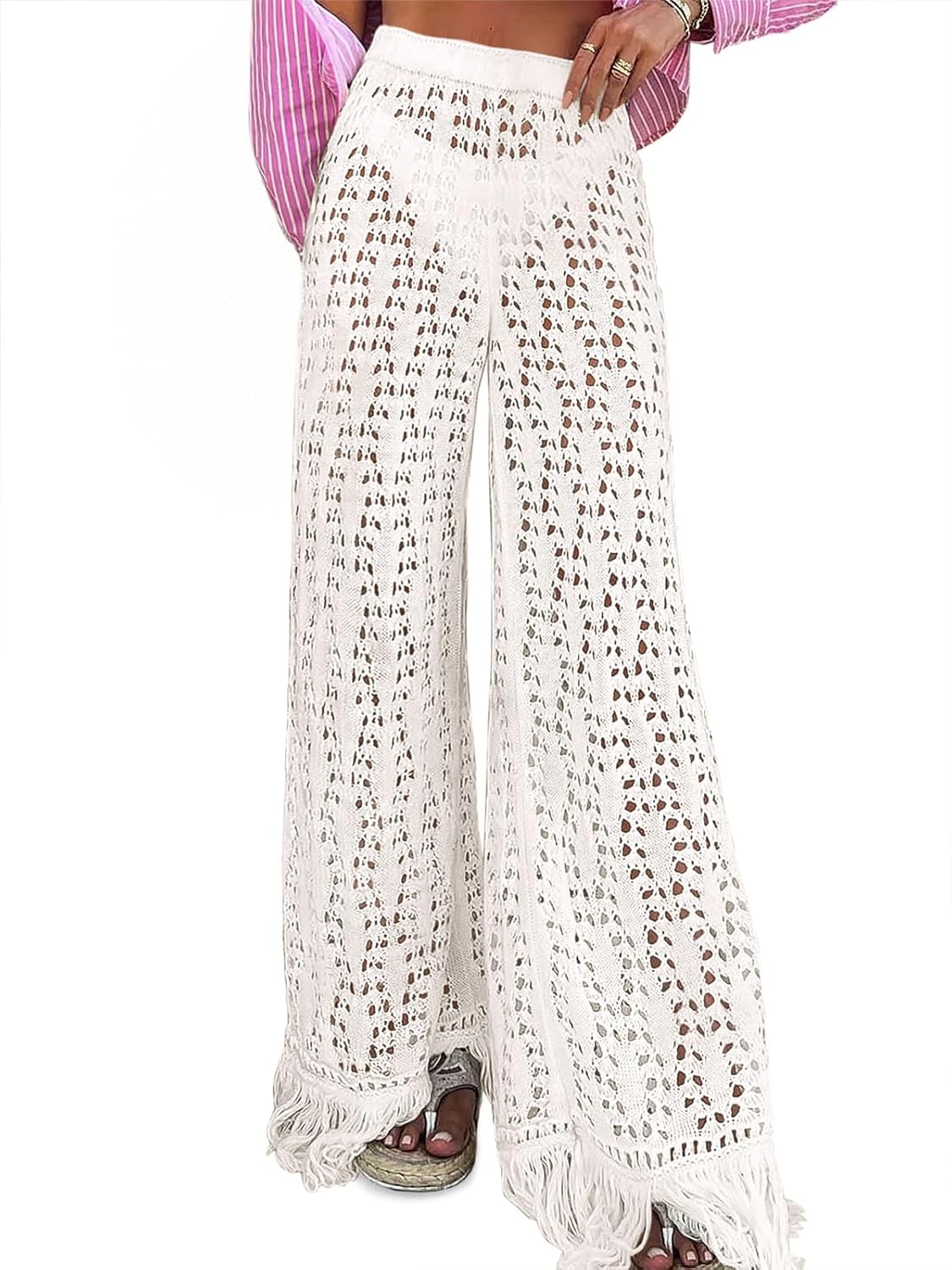Fisoew Womens Crochet Cover Up Pants Casual Wide Leg High Waisted Hollow Out Tassel Summer Beach Mesh Bathing Suit Pants