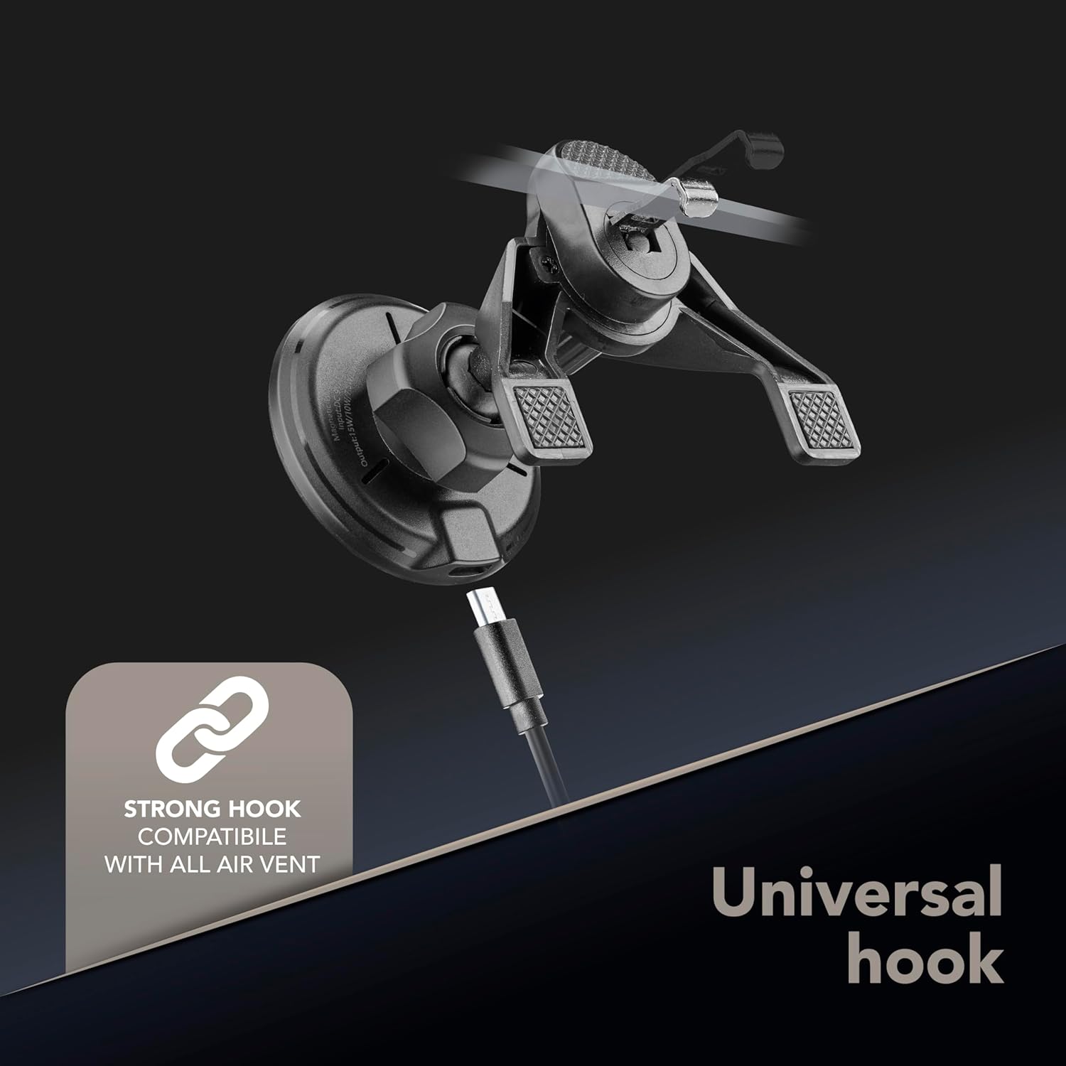 Close-up of the universal hook mechanism of the cellularline MAG Wireless Charging Holder.