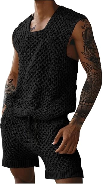 Mens Workout Set Fashion Crochet Cutout Tank Tops Shorts Suit Loose Comfy Vest Beach Short Pant Casual Outfits