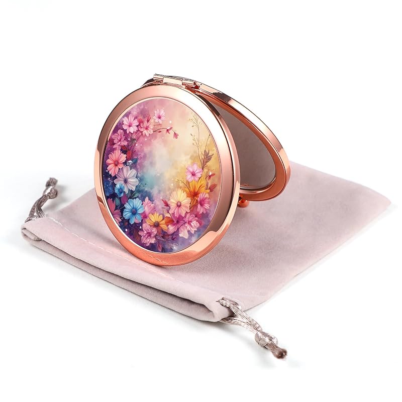 Espelho compacto Dynippy Rose gold dobrável com aumento duplo 2x e 1x, Petals Bloom, com bolsinha