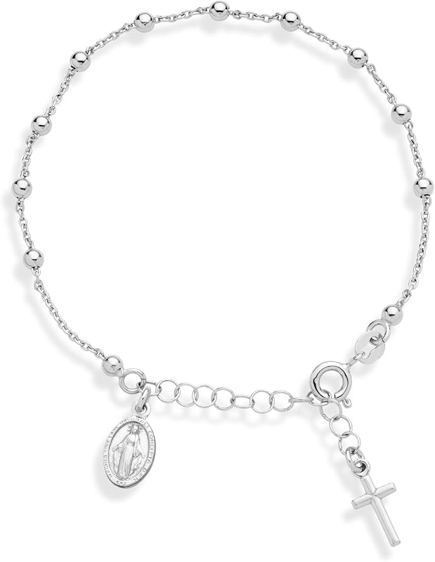 Miabella Pulsera italiana de cadena de cuentas de rosario de plata de ley 925 para mujer | Longitud ajustable, dije de cruz, cadena de eslabones, joyería fina, hecho en Italia