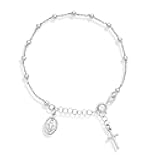 Miabella 925 Sterling Silver Italian Rosary Cross Bead Charm Link Chain Bracelet for Women, Adjustable, Made in Italy