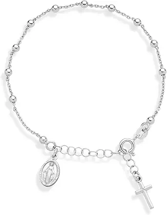 925 Sterling Silver Italian Rosary Cross Bead Charm Link Chain Bracelet for Women Teen Girls, Adjustable, Made in Italy