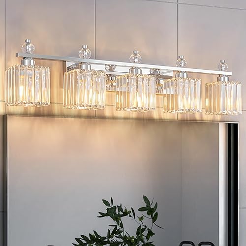 Luces de tocador de 5 luces modernas de cristal cromado para baño, accesorios de iluminación de tocador de baño de cristal sobre espejo