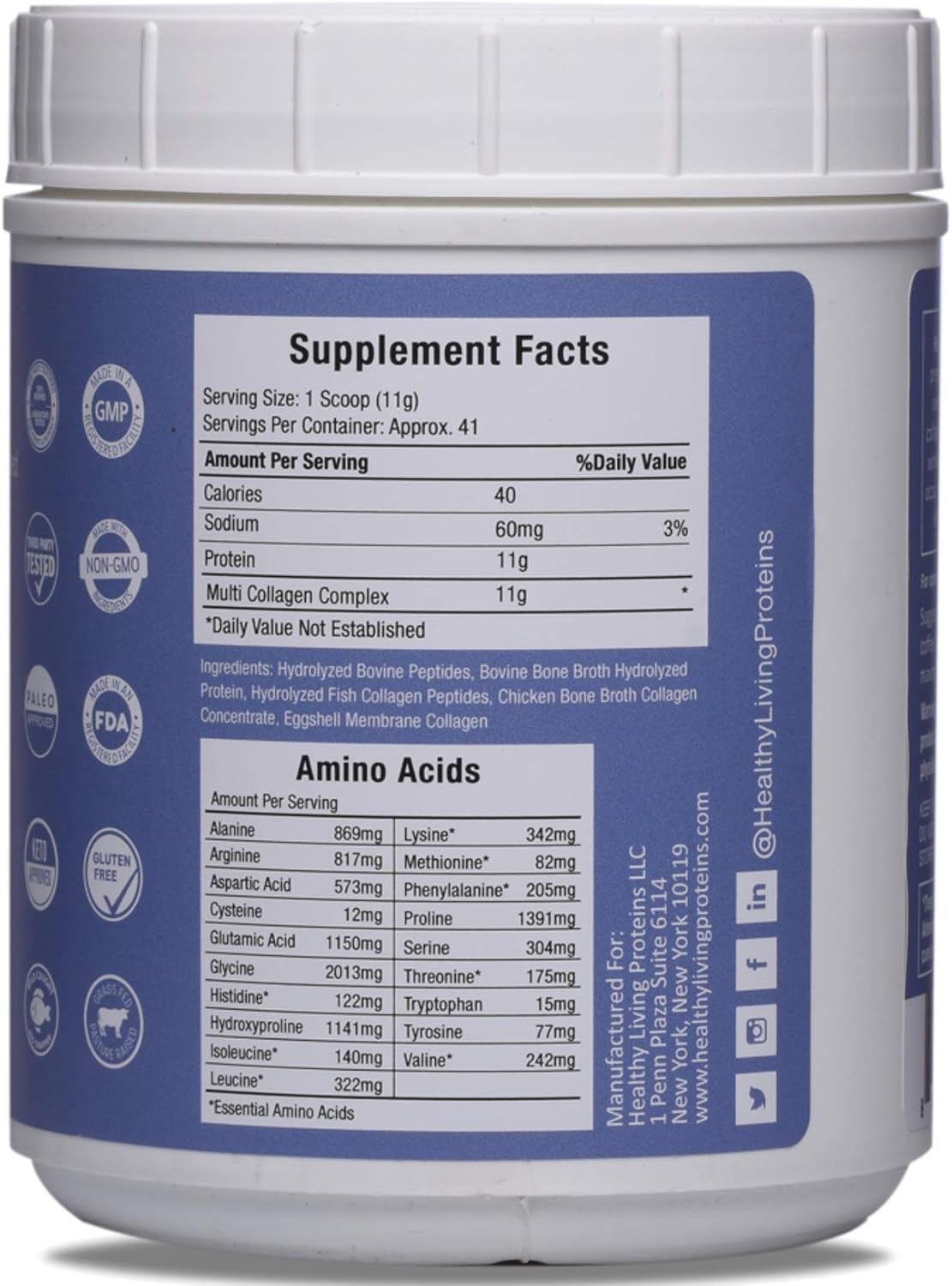 Healthy Living Proteins | Multi Hydrolyzed Collagen Peptides Type I, II, III, V, & X | Grass Fed Bovine, Wild Caught Marine, Free Range Chicken | Gluten Free Powder (Unflavored