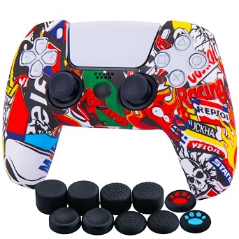 YoRHa Water Transfer Printing Silicone Thickened Cover Skin Case for PS5 Controller x 1Skull Graffiti II with Thumb Grips x 10