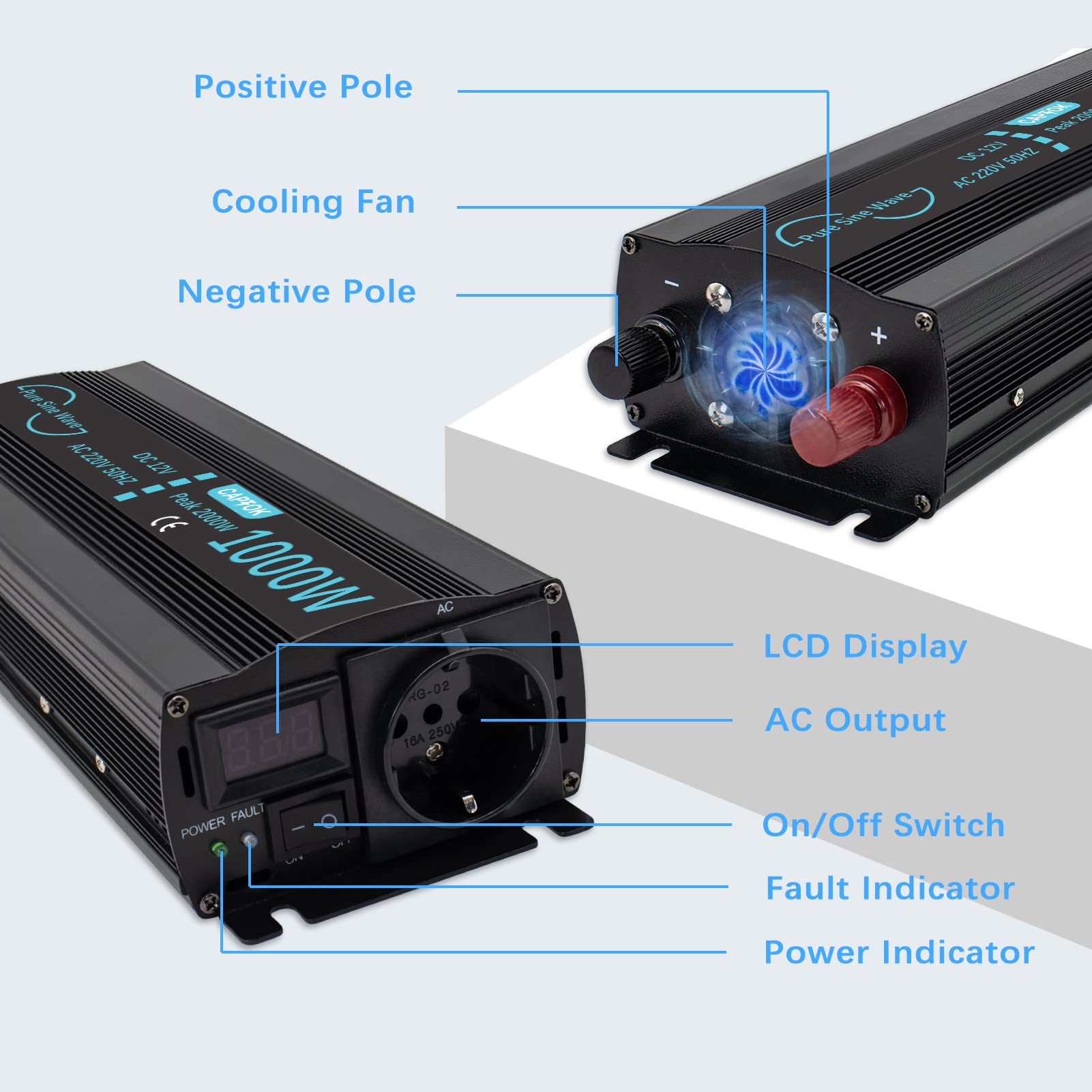 Power Inverter Onda Sinusoidale Pura 1000W da 12V CC a 220V 230V CA con display LCD Invertitore di Tensione per sistema solare RV domestico