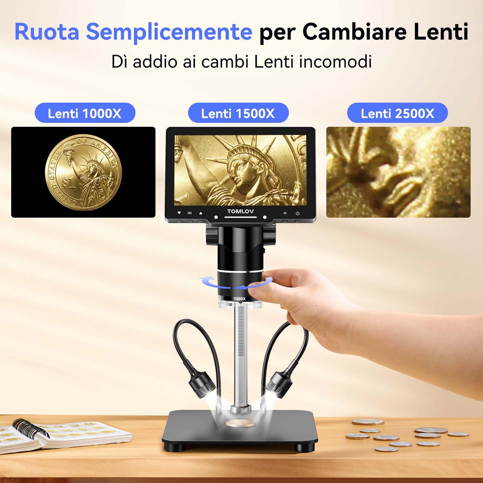TOMLOV TriL107 Microscopio Digitale a 3 Lenti 7" 2K IPS, 2500X Ingrandimento per Monete e 14 LED, Microscopio di Saldatura con Supporto da 12,6" per Adulti, Compatibile con PC/TV, 64GB