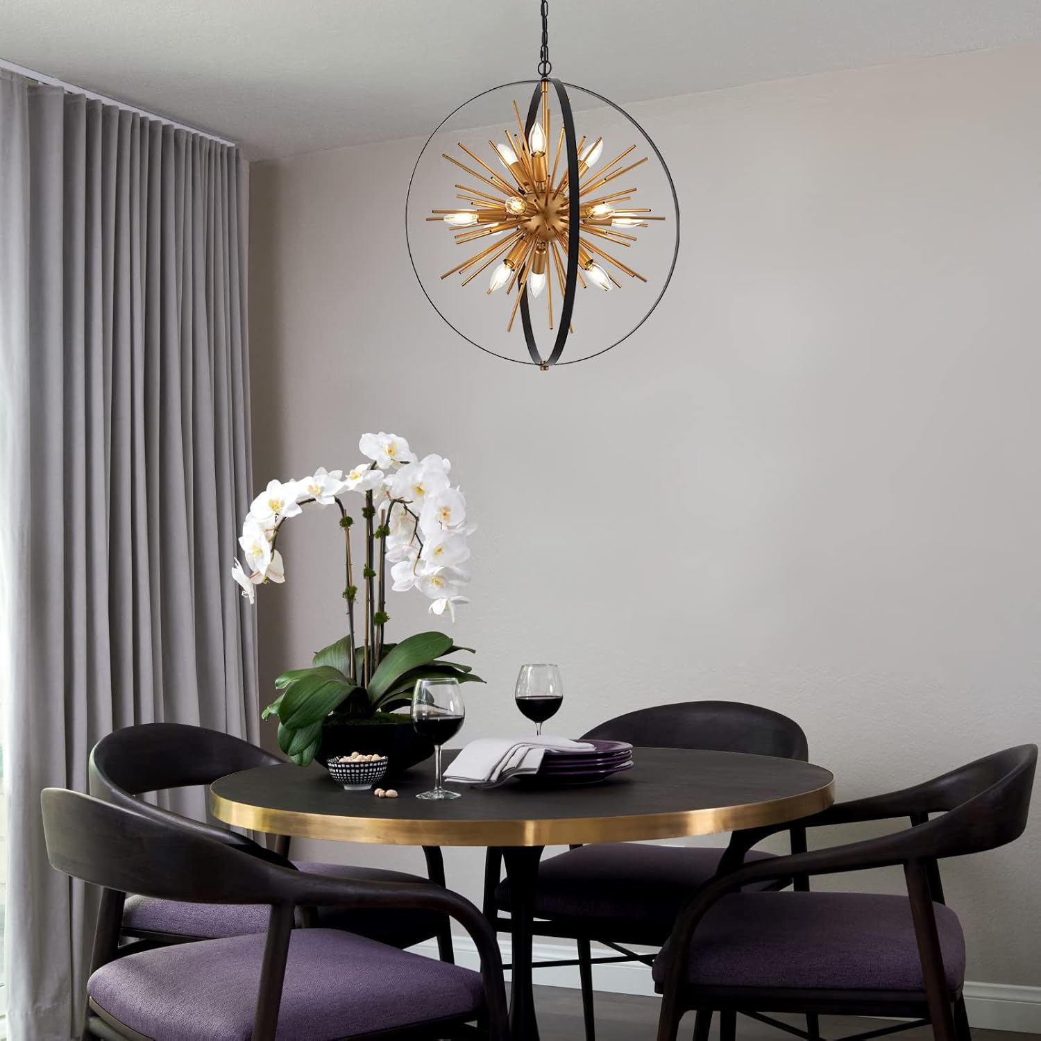 23.2" Black Gold Globe Sputnik Chandelier, 12-Light Mid Century Modern Industrial Starburst Golden Metal Satellite Light Fixture for Entryway Foyer Bedroom Dining Living Room Hallway, E12