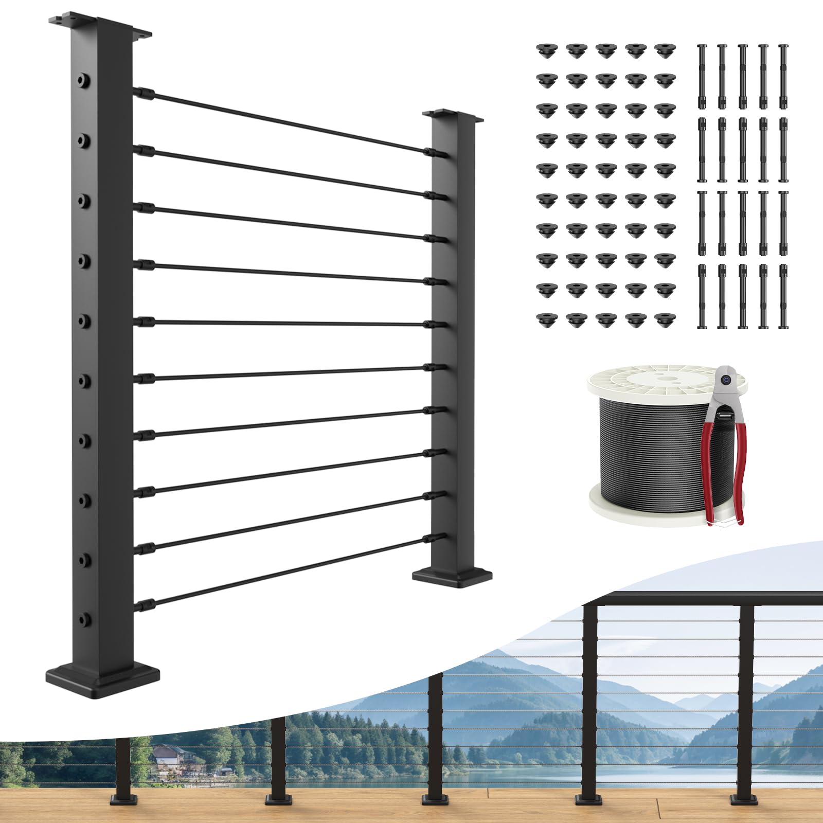 Photo 1 of BLIKA 12FT-20FT Complete Set 36" Cable Railing Post Kit, Black Level Drilled Deck Railing Post, Swageless Cable Railing System Include 4Pack Level Posts, 1/8" 300FT Stainless Steel Cable(No Handrail)