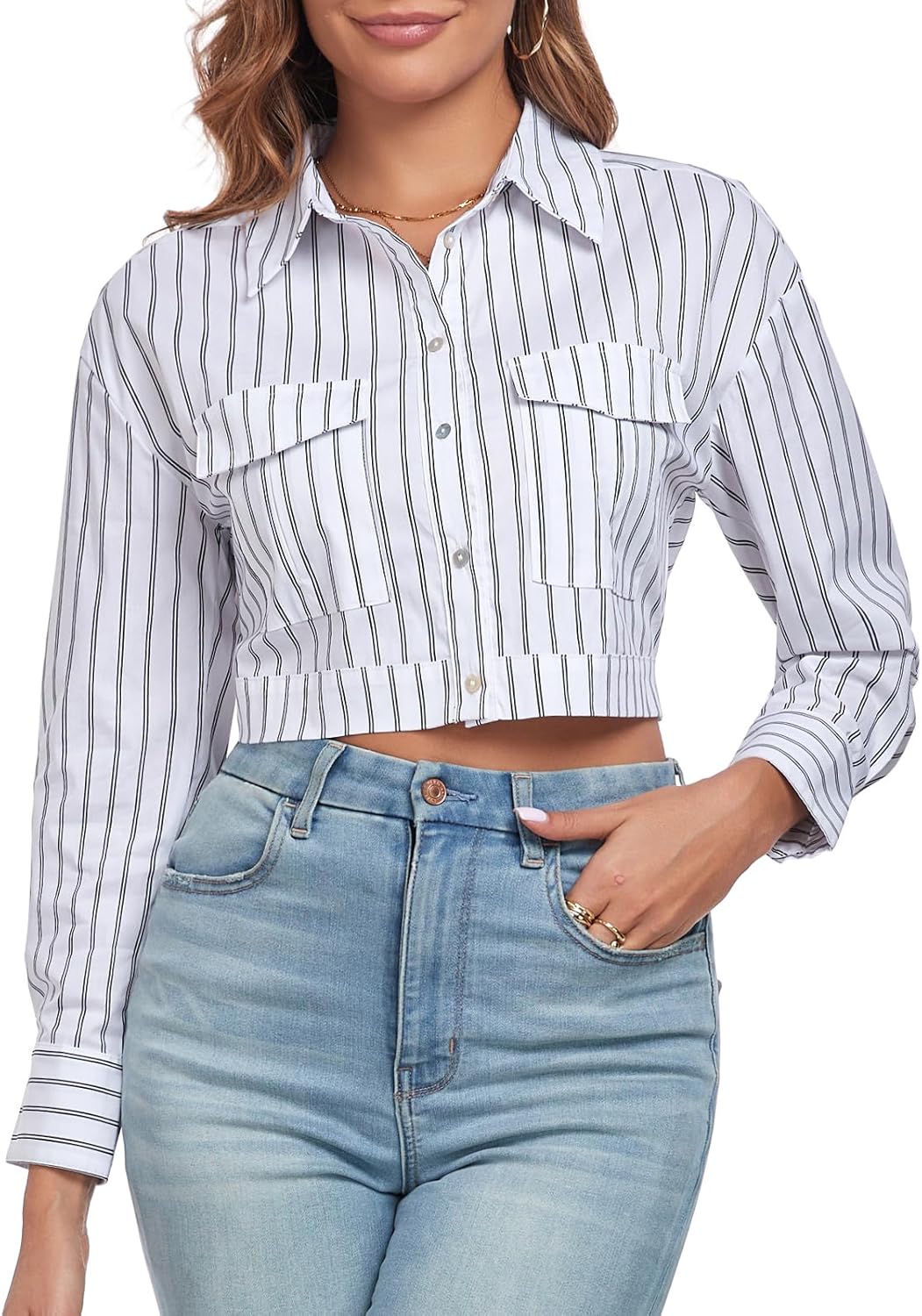 Women's Button Down Shirt Cropped Drop Long Sleeve Crop Blouse Collared Shirt with Chest Pocket - Image 4