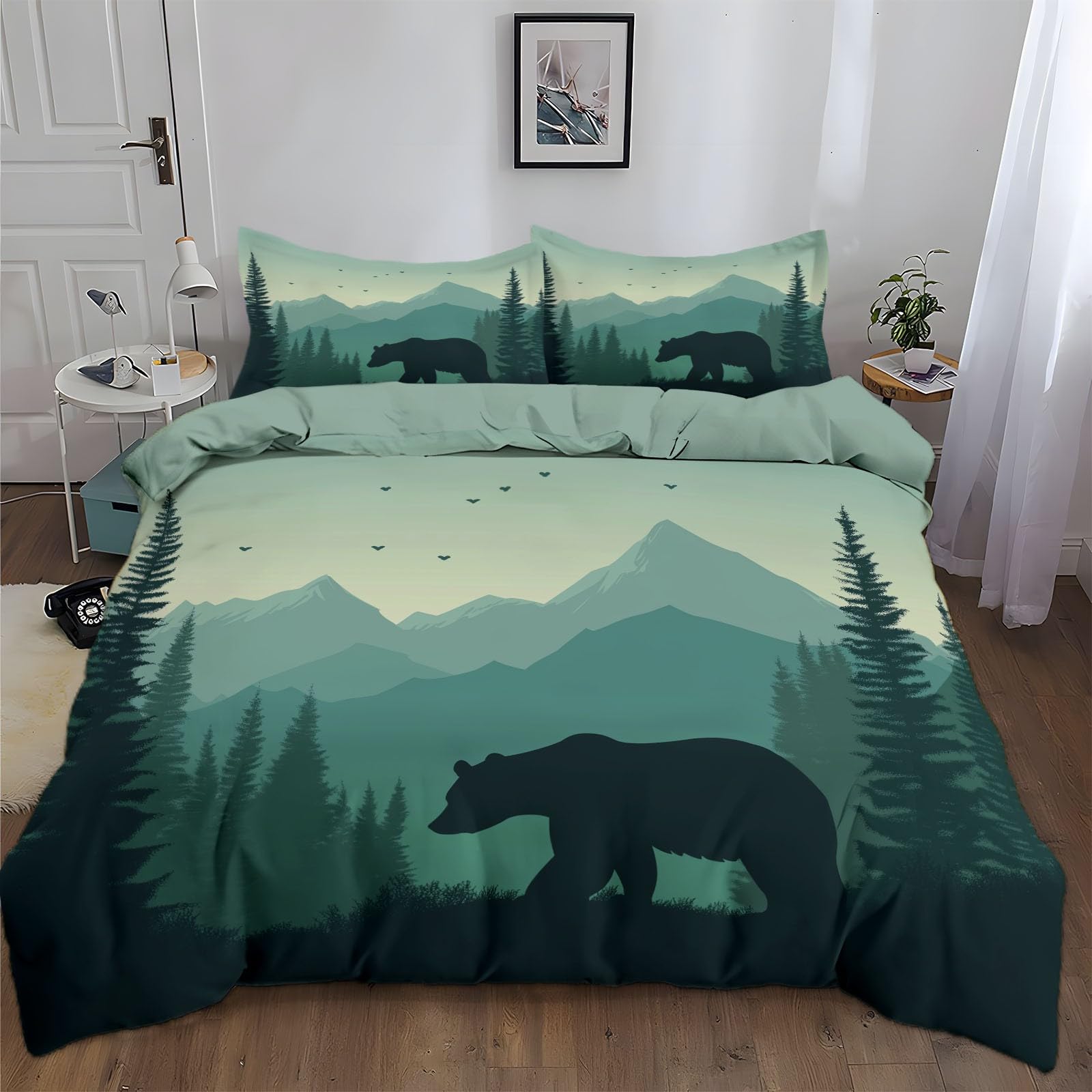 Duvet Cover King Size Green Bear Mountains Pine Trees Reversible 3 Pieces Duvet Cover Set, Bedding Set for All Season, Soft and Breathable Bedding Set with Zipper Closure