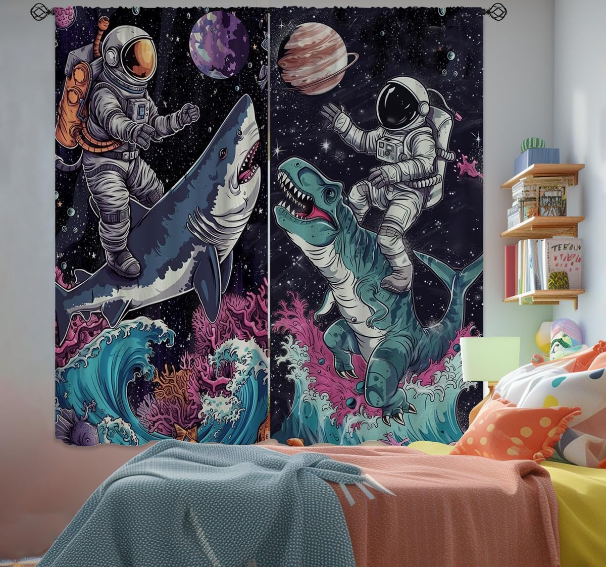Funny Astronaut Blackout Curtains for Girls Boys Home Decor, Fantasy Dinosaur Shark Galaxy Rod Pocket Thermal Insulated Drapes Darkening Window Curtain for Bedroom Living Room, 55 x 63 Inch