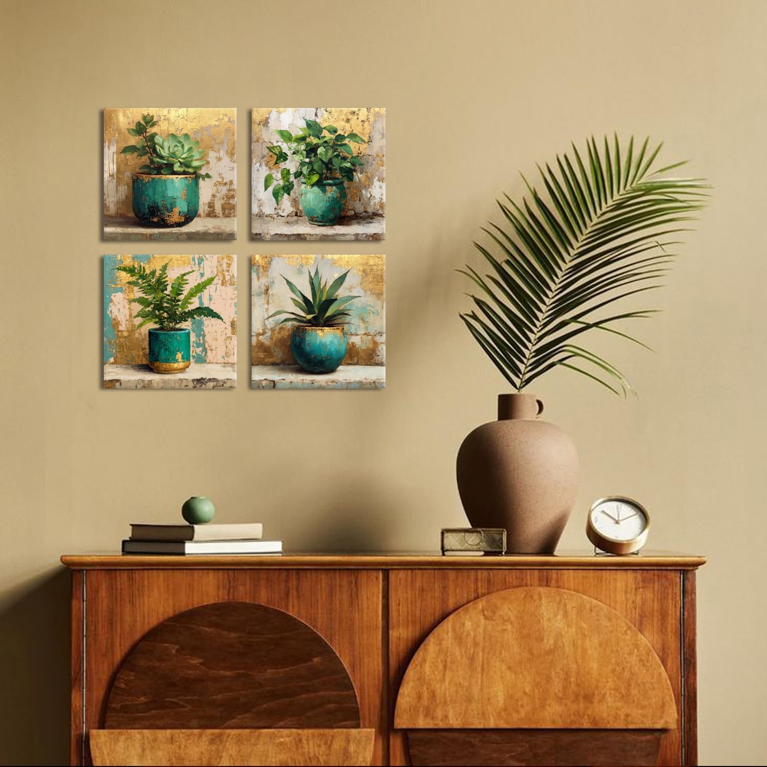 AIYISU Green Botanical Wall Art Green and Gold Bathroom Wall Decor Farmhouse Succulent Plant Pictures Vintage Rustic Tropical Canvas Prints Artwork for Living room Office Home Decorations 12x12 4Pcs