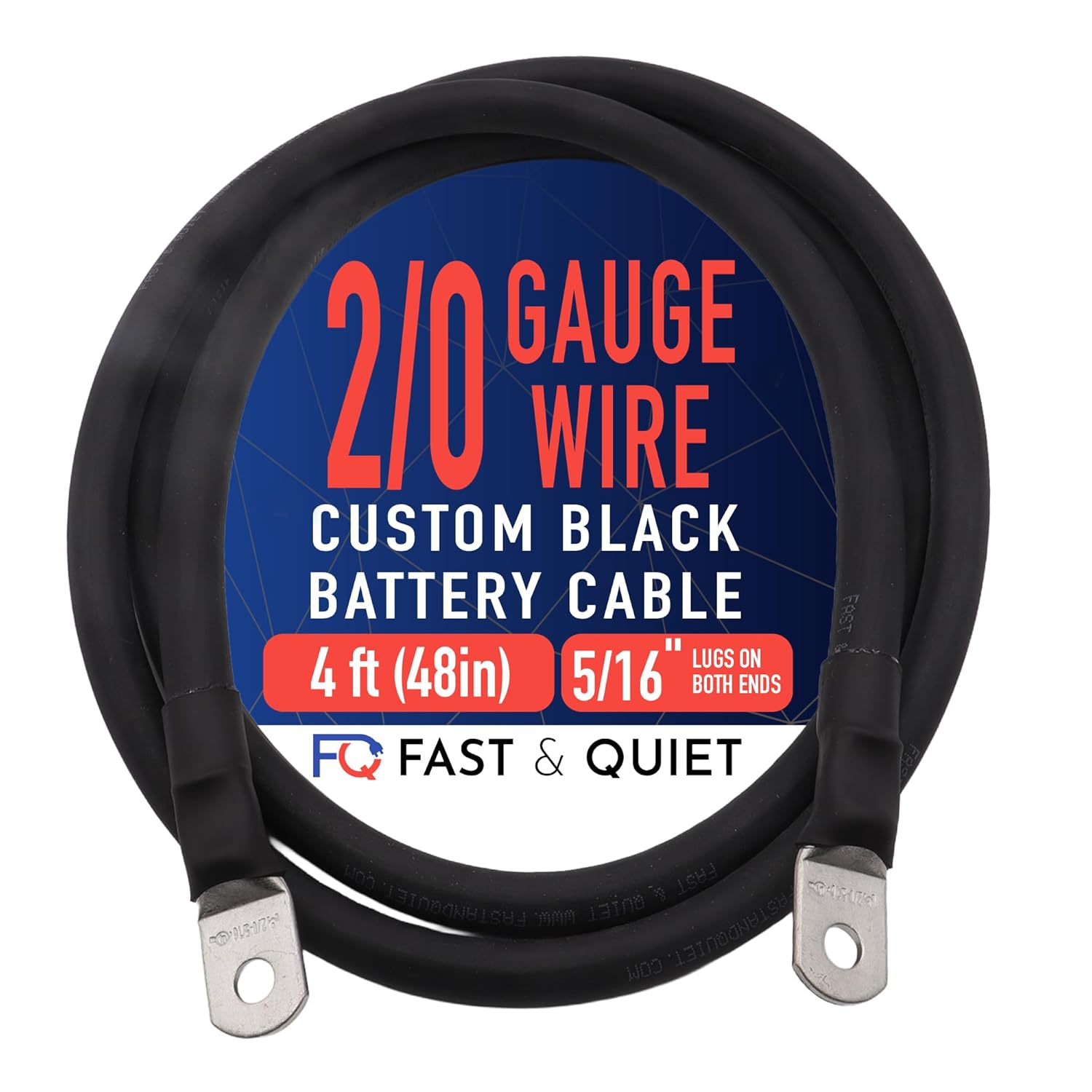 2/0 AWG Battery Cable with Terminals, Pure Copper Wire and Tin-Plated Copper Lugs, Auto, Solar Power Inverter, Welding, Golf Cart, Motorcycle (Black Wire, 4 FT (48 in), 5/16" Lugs on Both Ends, 1pc)