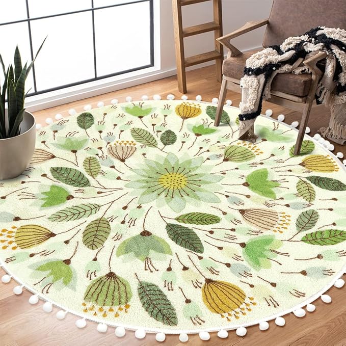 Uphome Round Rug for Bedroom 4' Circle Cute Area Rug with