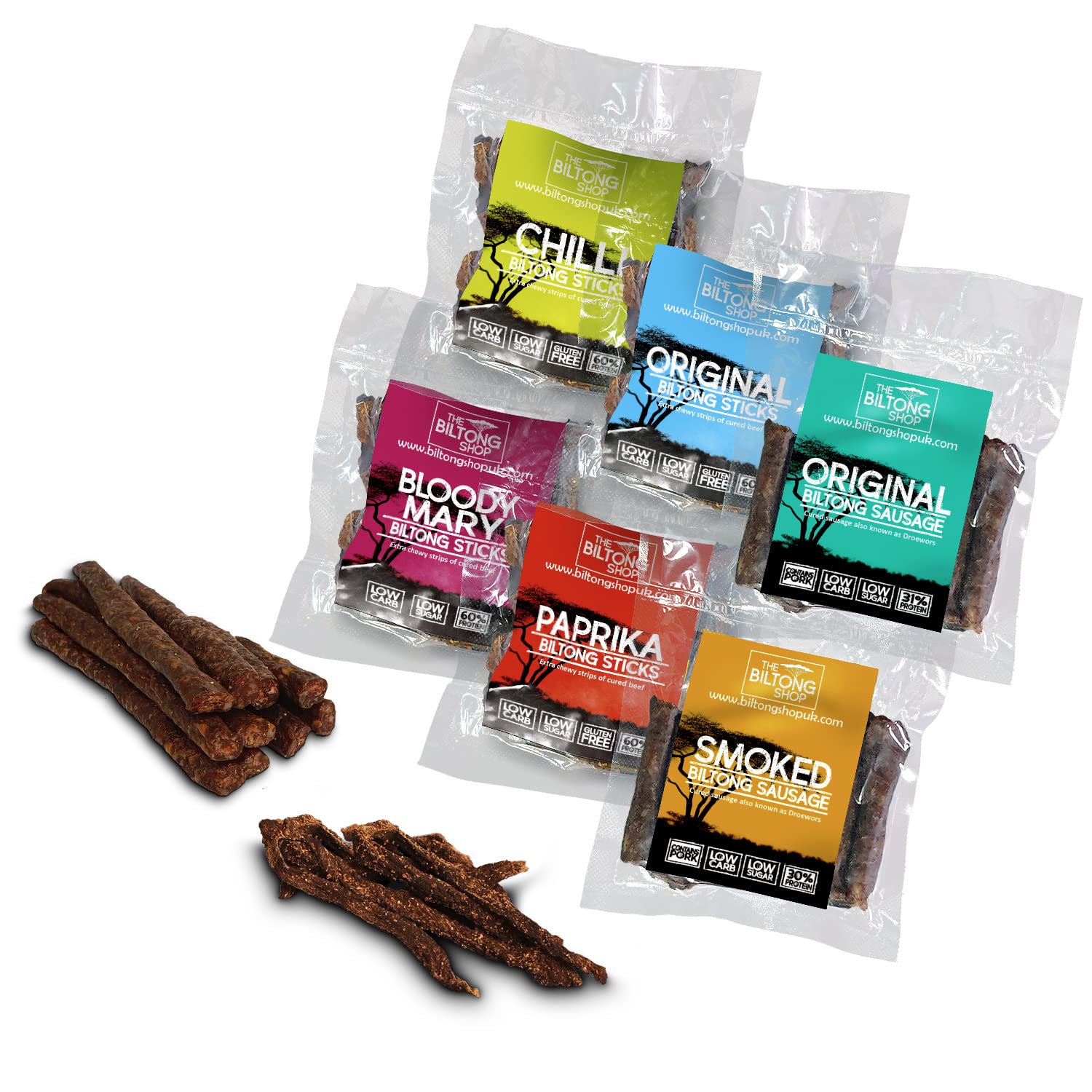 THE BILTONG SHOP - 6 x 58g Bags Ultimate Stick and Sausage Collection British Beef Biltong Sticks and Droewors. High Protein Savoury Low Carb Snack