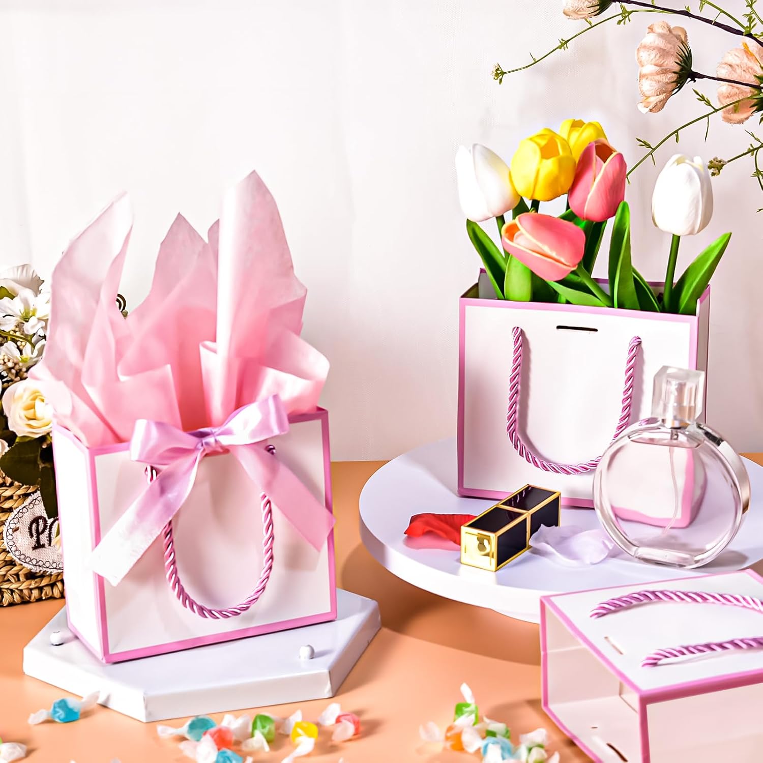 EQOREIIN 50 PCS Small Gift Bags with Handles,White Mini Bag,5.5x 2.5x4.7 Inches Small Thank You Gift Bags Bulk with Ribbon for Party Favors,Mother's Day, Goodie, Weddings,Baby Shower(White Pink) - Image 2