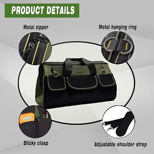 Miniatura 4 de Bolsa de herramientas de boca ancha de 22 pulgadas, bolsa de herramientas resistente, bolsa de almacenamiento de herramientas, multifuncional, de