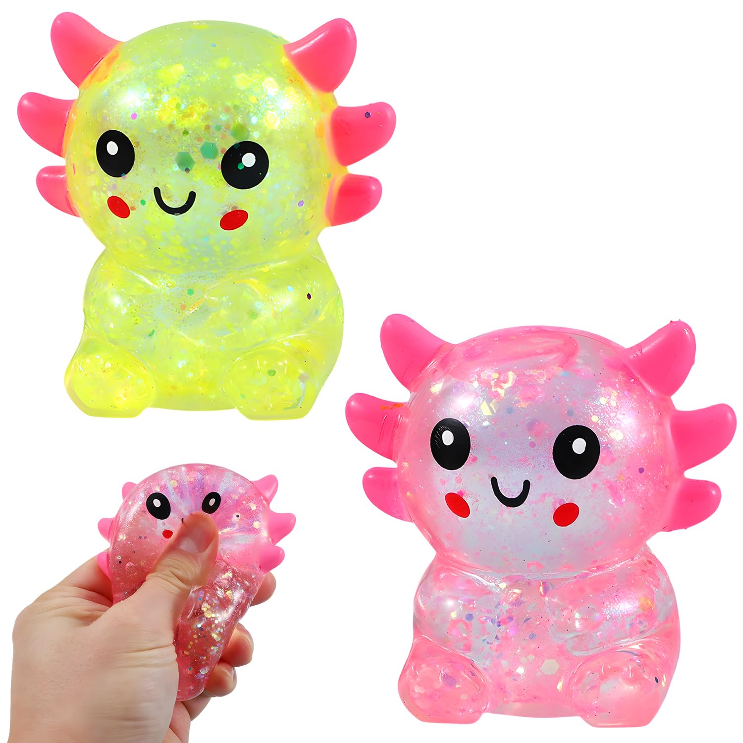 2Pcs Glitter Axolotl Squishy Fidget Toy, Glitter Axolotl Squishies, Soft Silicone Sensory Squishy Toys, Axolotl Animal Stress Ball, Sparkling Desk Decor for Desk Office Party Favor