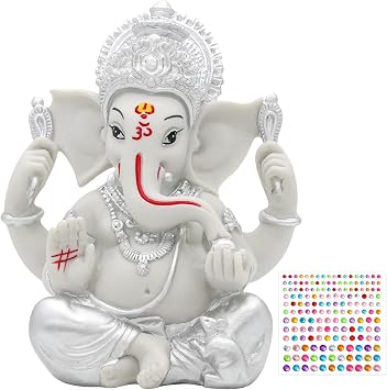 alikiki Hindu God Lord Ganesha Statue - 5.6" H Silver Toned Indian God Ganpati Idol Murti for Diwali Pooja Decor Mandir Temple Home Altar Office Shrine Puja Item Wedding Spiritual Decors