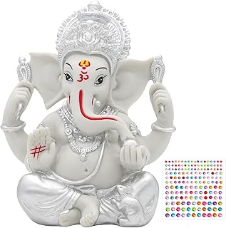 Hindu God Lord Ganesha Statue - 5.6" H Silver Toned Indian God Ganpati Idol Murti for Diwali Pooja Decor Mandir Temple Home Altar Office Shrine Puja Item Wedding Spiritual Decors