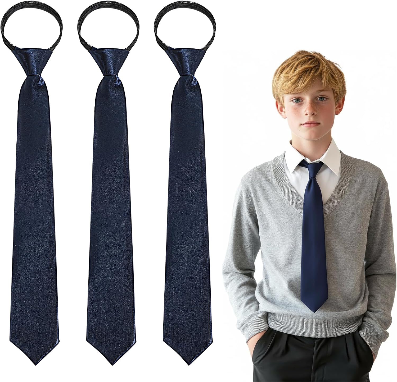 3pcs Zipper Ties for Boys, Adjustable Pre Tied Neck Strap Ties for School Uniforms Graduation Wedding Party
