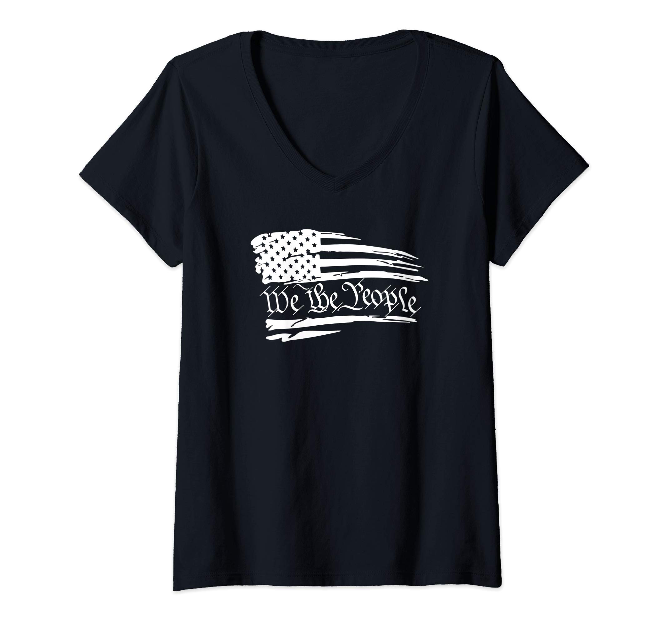 Womens Distressed US Flag We The People Constitution Patriotic V-Neck T-Shirt