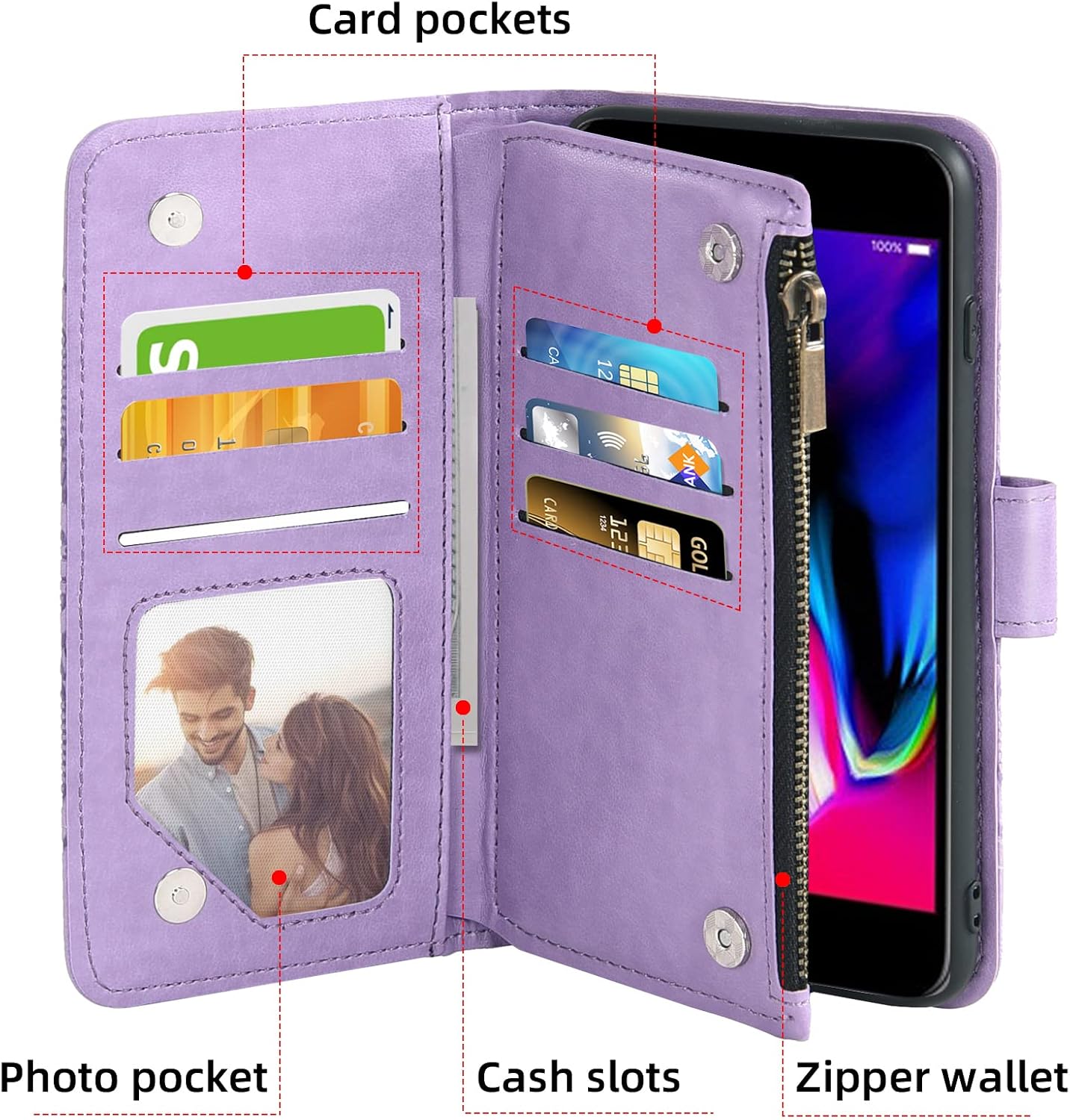 Asuwish Compatible with iPhone 7plus 8plus 7/8 Plus Wallet Case and Tempered Glass Screen Protector Leather Flip Card Holder Cell Phone Cover for i Phone7s 7s + 7+ 8s 8+ Phones8 7p 8p Women Men Purple image 3
