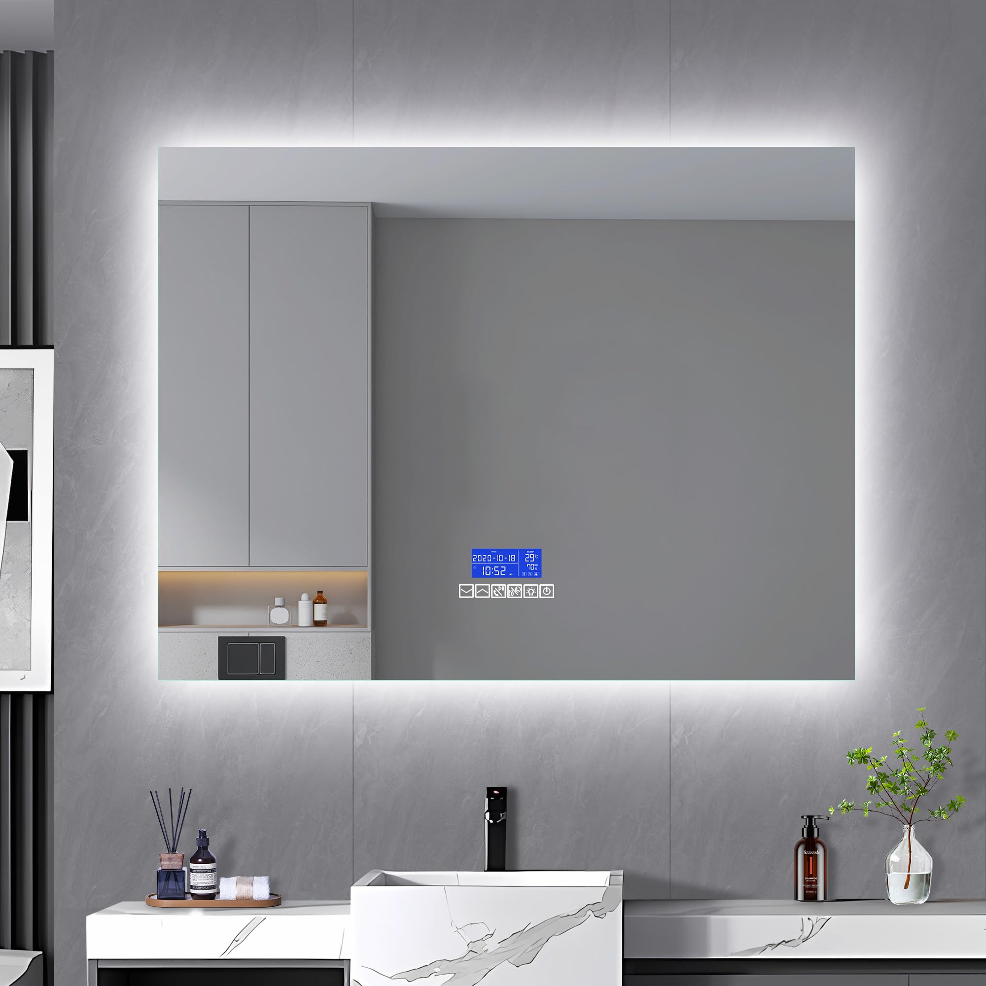 LLODERY Espejo de baño con iluminación LED, espejo rectangular de baño con Bluetooth, antivaho, indicador de temperatura y 3 brillo ajustable, espejo de pared para baño, gris (80 x 100 cm)