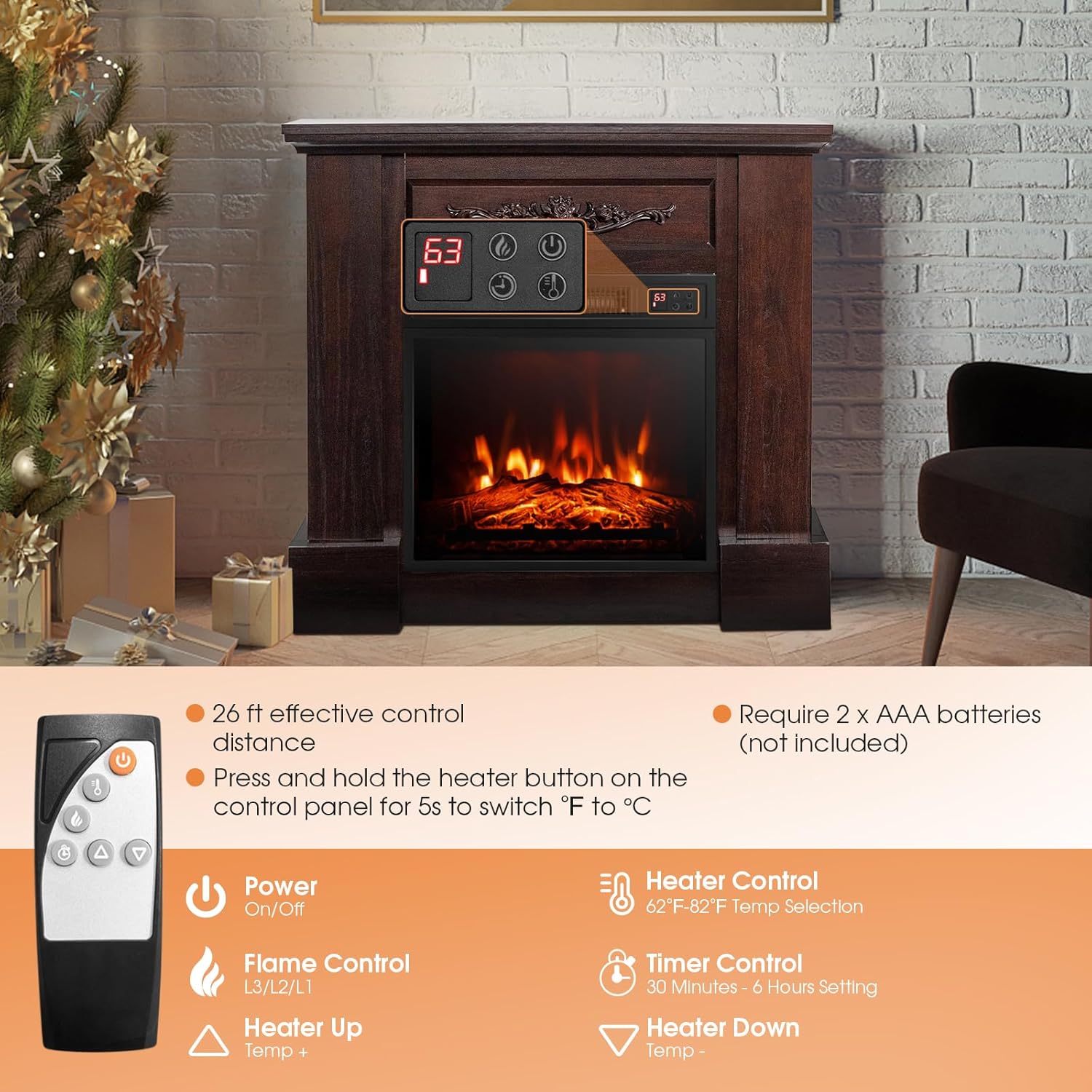 Tangkula 1400W 32 Inches Electric Fireplace with Mantel, Freestanding Fireplace Heater with 3D Flame Effect, Remote Control, Thermostat, 6H Timer, Overheat Protection (Brown)