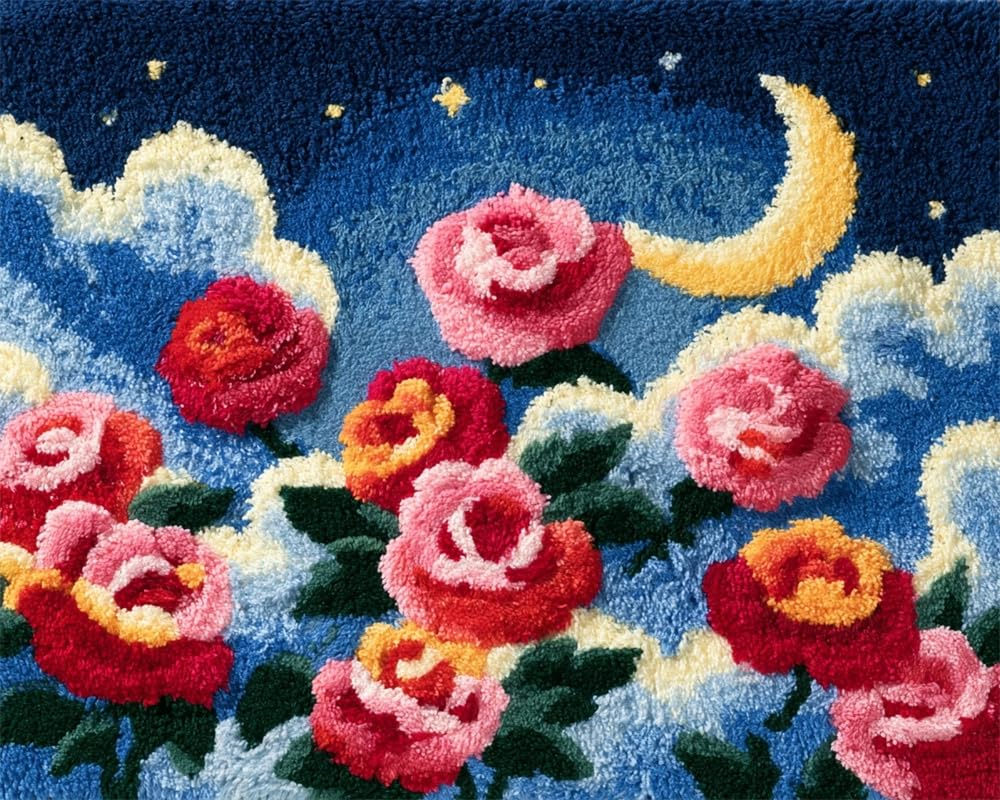 FWRTYCB Latch Hook Rug Kit for Adults Roses on the Moon