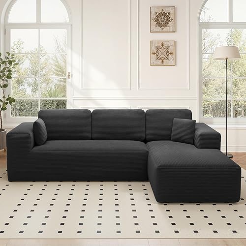 107" Cloud Sectional Couch with Chaise, L Shaped Boneless Couch with Deep Seat, 3 Seater Corduroy Modular Sectional Sofa for Living Room, No Assembly Required, （Right Facing Chaise, Dark Grey）