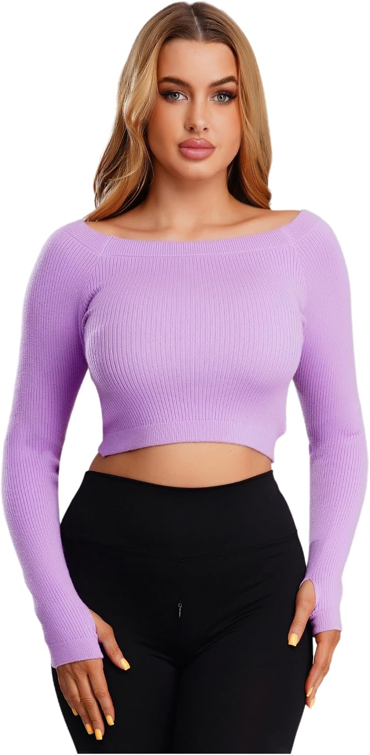 Women's Solid Color Long Sleeve Ribbed Knitted Cropped Top Pullover Top Fall Winter Clothes