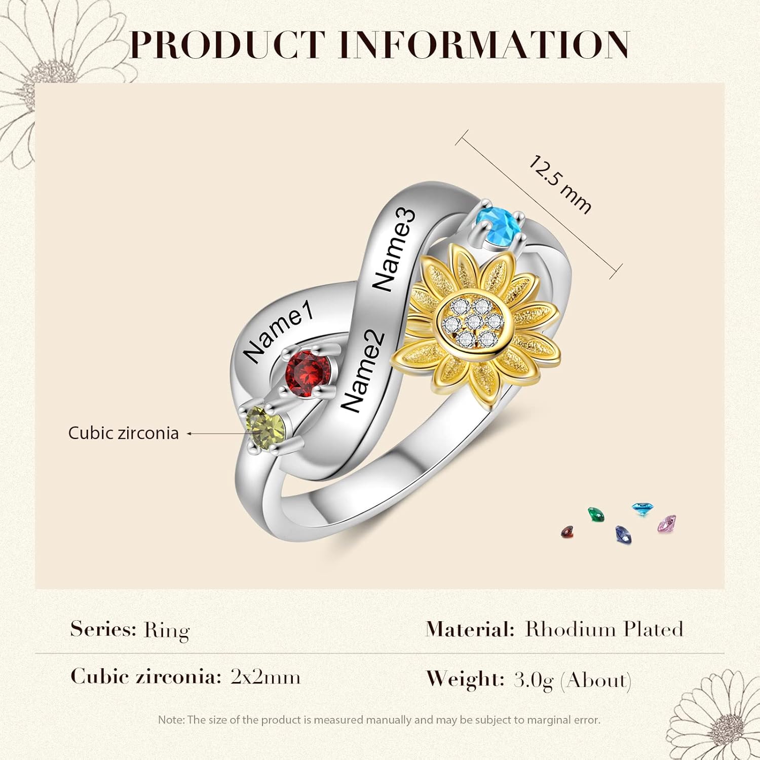 ALBERTBAND Sunflower Ring LanM Personalized 3 Birthstone Rings for Women Custom Infinity Heart Rings Engraved Rings with Names Mothers Day Rings for Women Mom Grandma Wife Daughter Her