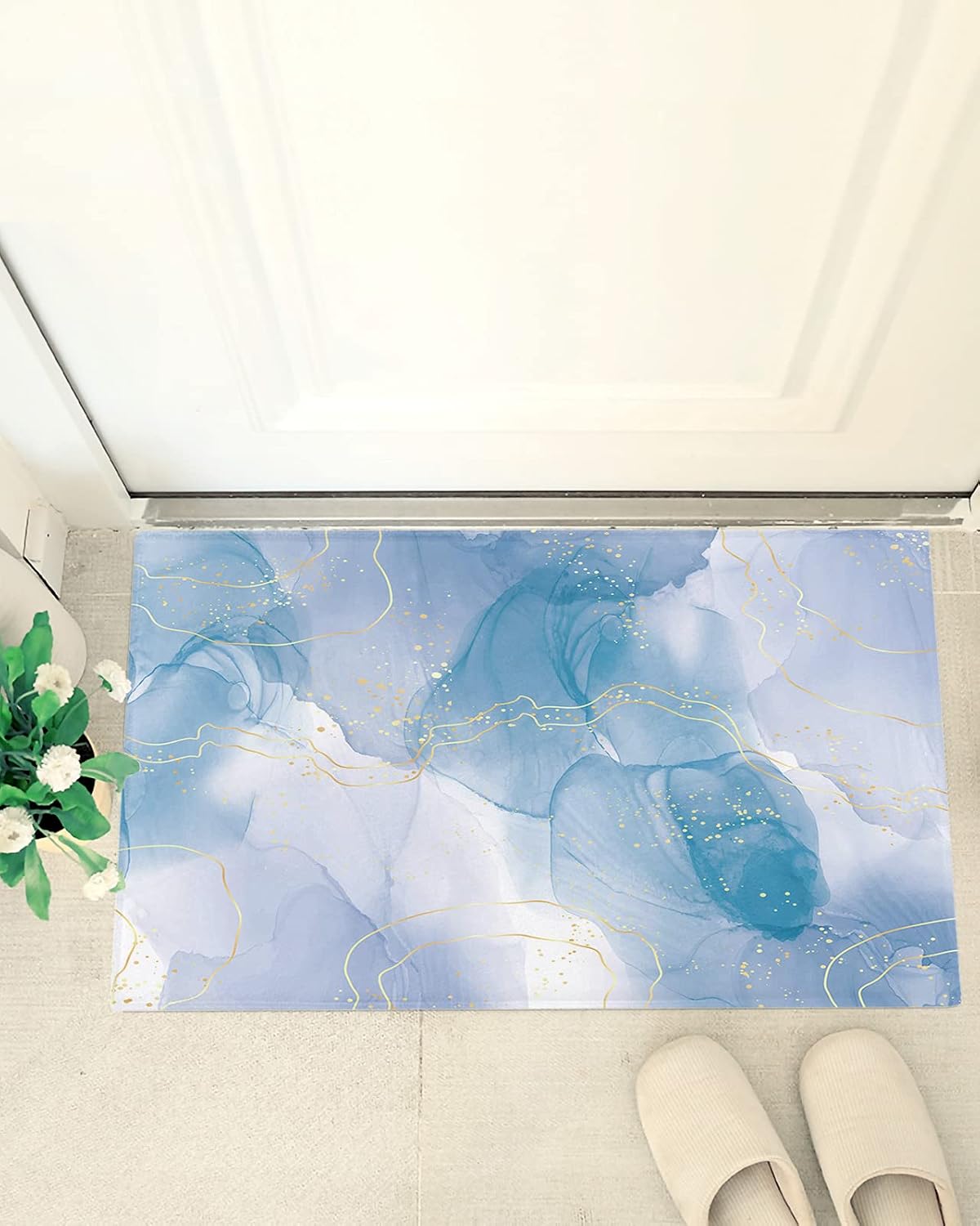 Abstract Marble Plush Shag Bath Rugs Fantasy Blue Gradient Soft Fluffy Floor Doormat Carpet,Non-Slip Door Mats for Living Room Bedroom Kitchen Entryway Gold Line Wave Point
