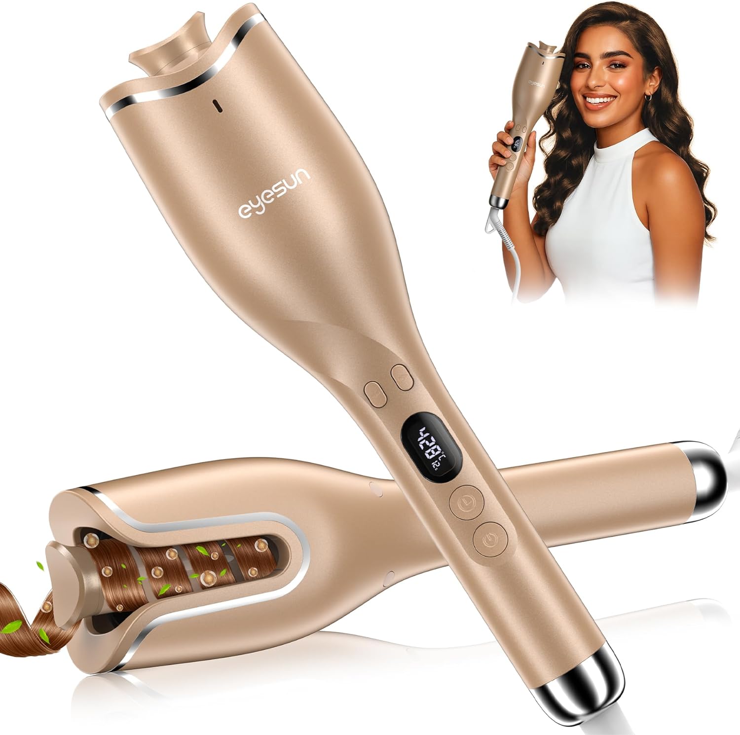 Hair Curling Irons,Automatic Portable Rotating Curling Iron with LCD Display,4Temperature Settings,Timers(12-19s),Auto Shut-Off,Anti-Scald,Anti-Tangle,Lightweight,Fast Heating&Easy Use for Travel