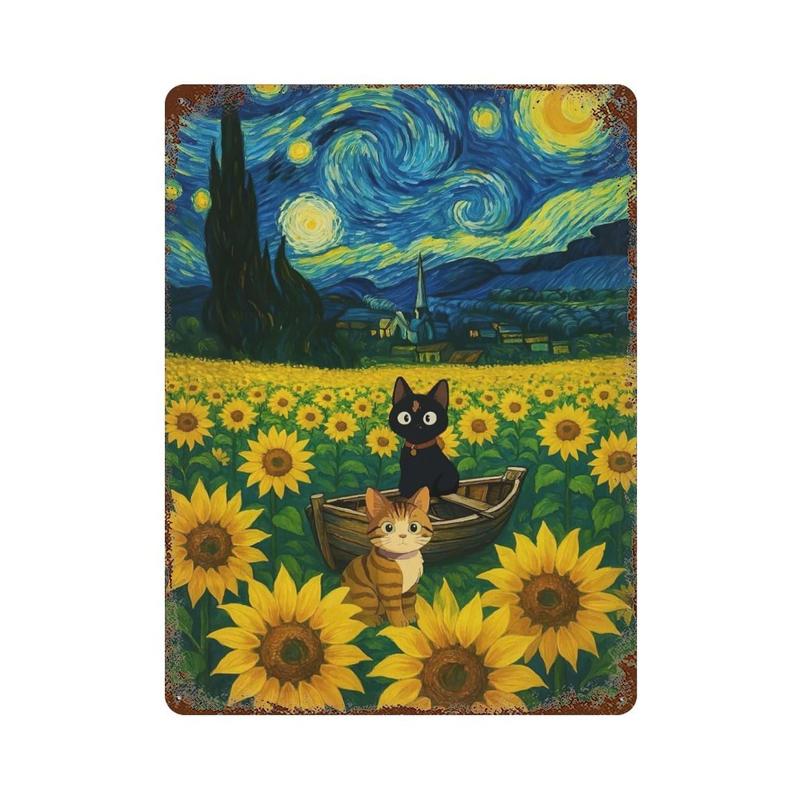 Weathered Tin Sign Cats Sunflower Starry Night 15.7"x11.8", Rustic Home Decor for Basement, Hobby Room And Garage Decor