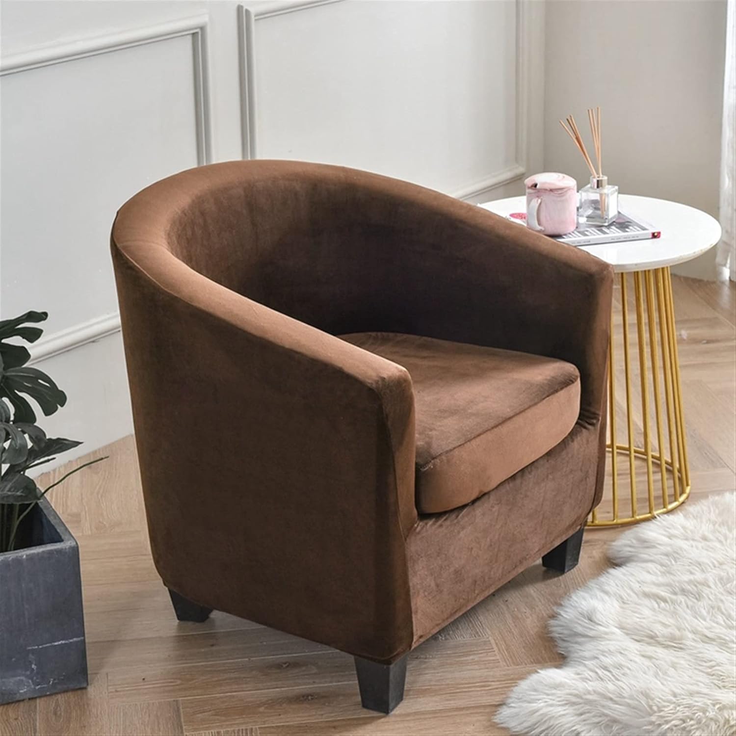XJHKG Velvet Club Chair Cover Elastic Tub Armchair Seat Cover Removable Sofa Slipcovers for Bar Counter Bathtub Chair Covers (Color : Brown)